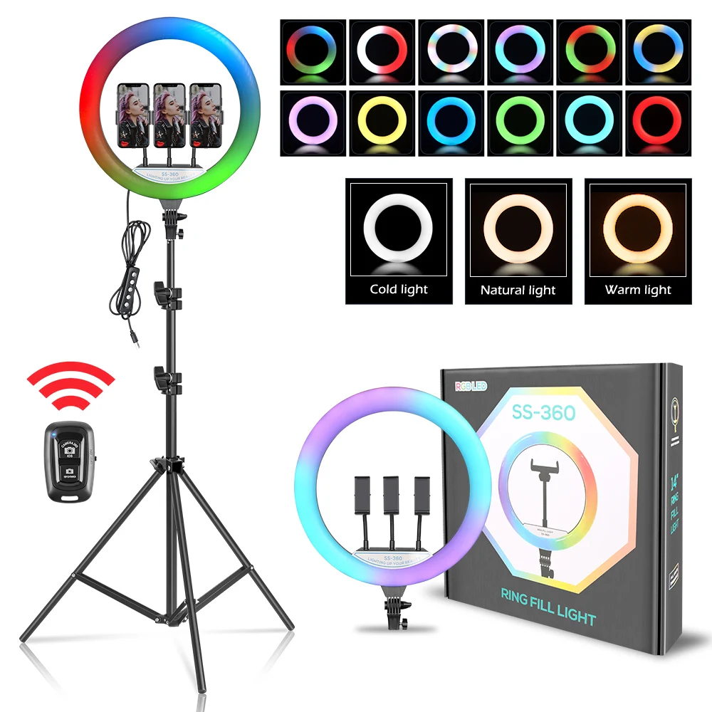 Anel de luz RGB de 14 polegadas com tripé para câmera de telefone iPad Selfie Live Stream YouTube Gravação de vídeo Melhor iluminação
