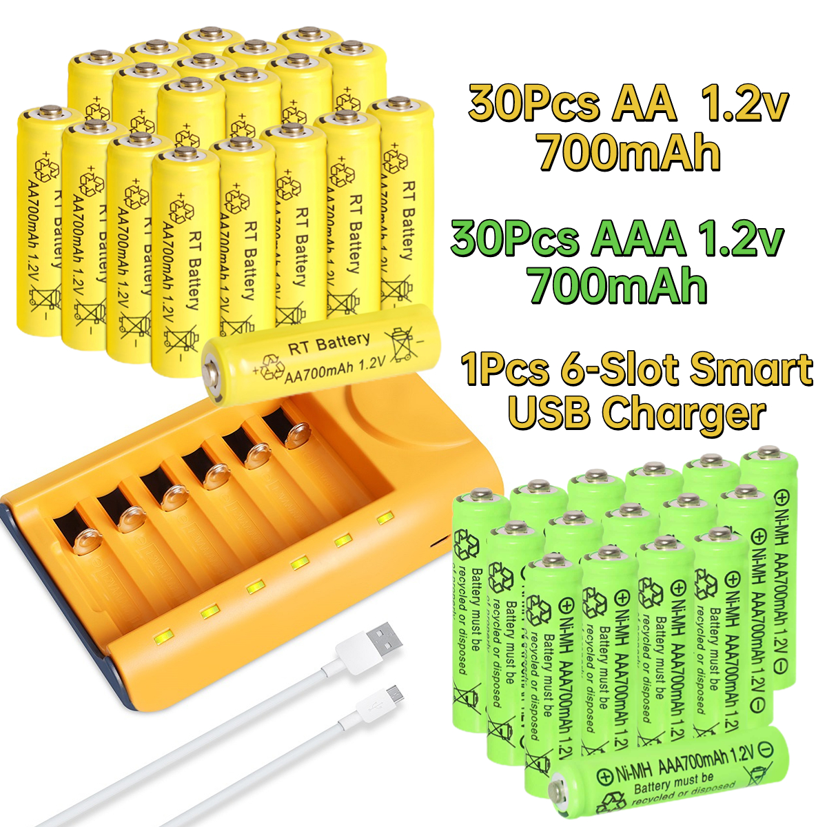 Skywolfeye Set baterai isi ulang 30pcs/24pcs/18pcs/12pcs/6pcs AA AAA ni-mh 1.2V 700mah dengan 6 Slot pengisi daya baterai