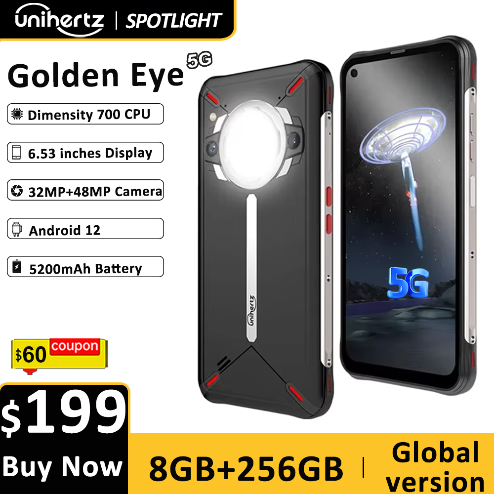 Unihertz Golden Eye 5g Ultra Slim Rugged Smartphone Camping Light 8GB 256GB 64MP Camera Cell Phone, Mobile Phone,30W ,5200mAh