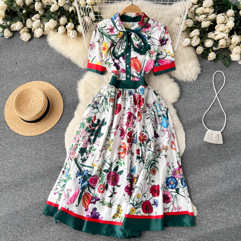 Banulin Sommer Runway Designer Falten Kleid frauen Bogen Hals Kurzarm Overlay Blume Drucken Schlank Party Midi Kleid Vestidos