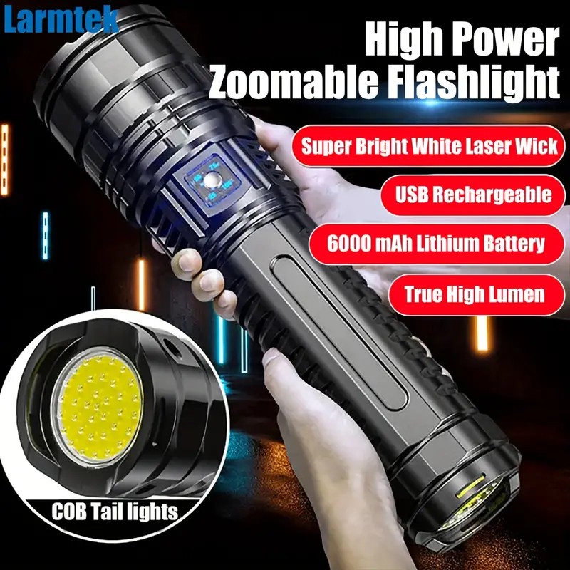 Lampe de poche extérieure portative LED très brillante, Zoom réglable, USB rechargeable et déchargeable avec interface type-c 1800 mah