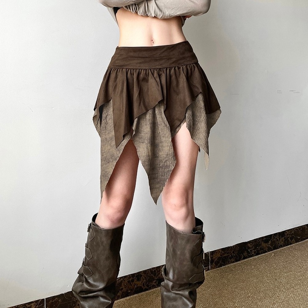 SylCue Saias irregulares de retalhos femininas, tendência de verão, cintura elástica, babados, moda de rua, estilo doce, calças clássicas