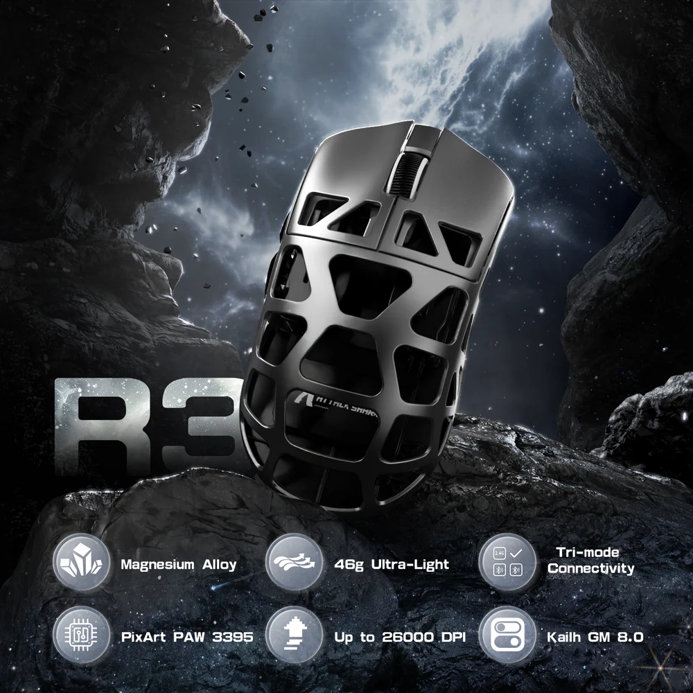 ATTACK SHARK R3 souris de jeu en alliage de magnésium 8K SUPERLIGHT 8000Hz 6 DPI réglables jusqu'à 26000 PAW3395 BT/2.4G sans fil/filaire