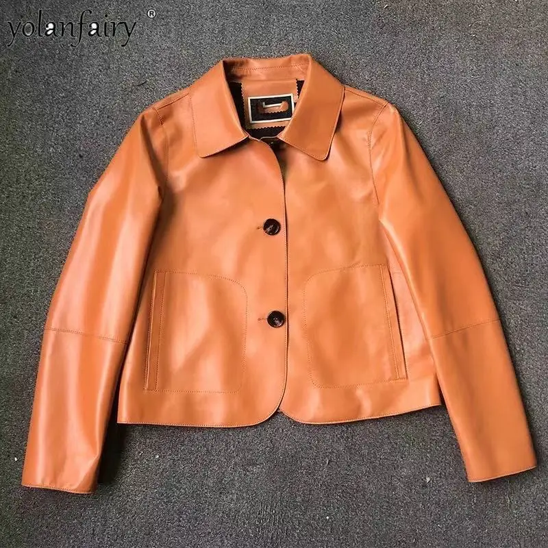 FCY-casaco de couro genuíno feminino, jaqueta natural de pele de carneiro, roupas curtas, casacos finos, gola quadrada, novo, FCY, 2023