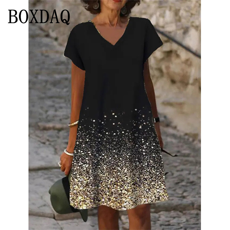 Vestido informal de manga corta para primavera y verano, traje holgado con estampado degradado y escote en V, longitud hasta la rodilla, 2022
