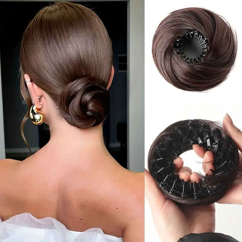 4Inch Magic Synthetic Hair Bun With Circle Elastic Clips Straight Donut Updo Hair Wig Bird's Nest Shaped Retractable Hairpieces