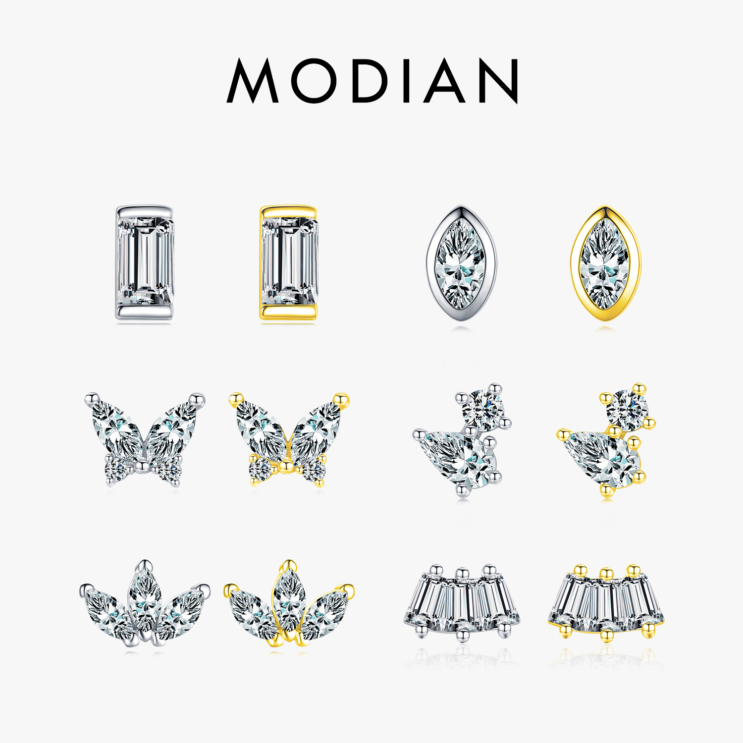 Modian-925 Sterling Silver Geometric Shape Stud Brinco para Mulheres, Clear CZ Brincos, Espumante Cor De Ouro, Jóias De Colocação, 1 Pc