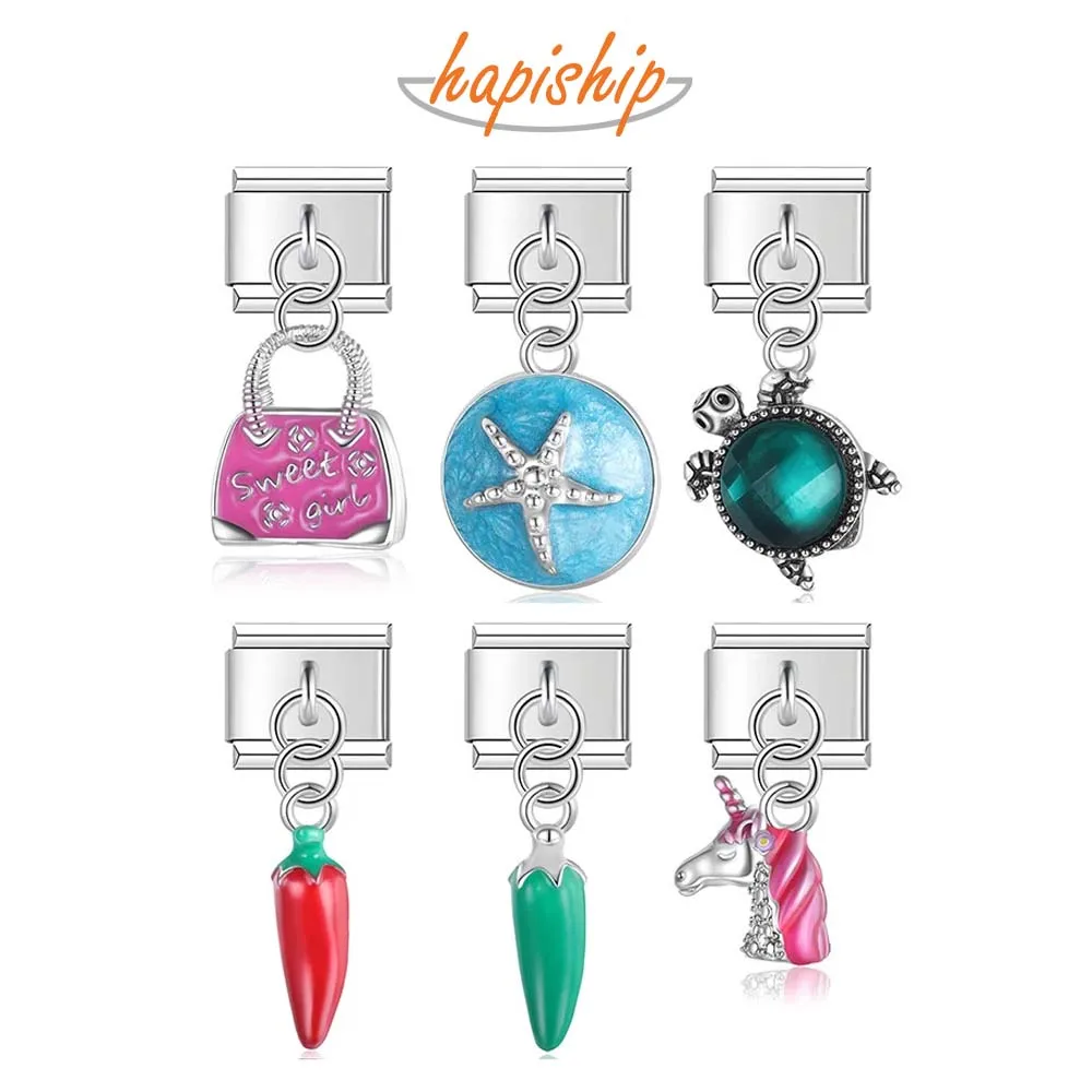 Hapiship moda 2023 nuevo pimienta unicornio tortuga encanto enlaces italianos ajuste 9mm pulsera de acero inoxidable DIY hacer joyería DJ653