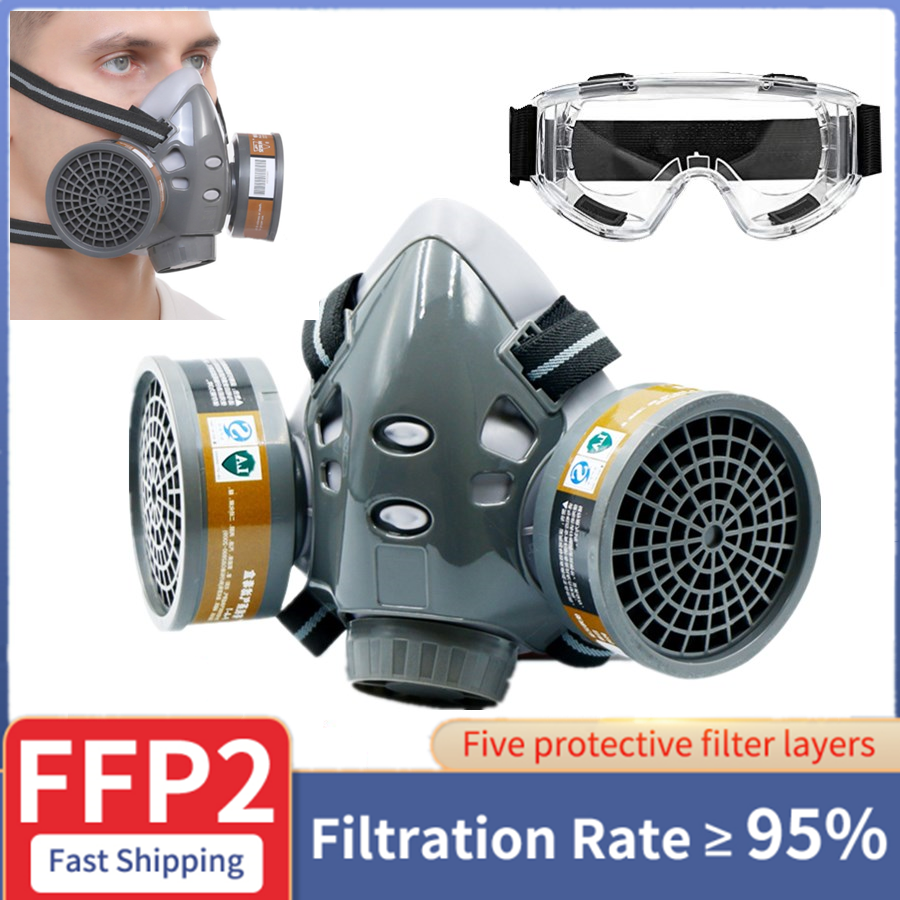 Peinture masque à gaz respirateur ensemble double filtres à charbon de bois pulvérisation industrie chimique Pesticide Anti-buée lunettes masques de protection