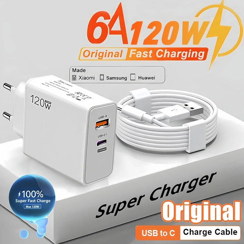 Cargador USB Total de 120W, 2 puertos tipo C, adaptador de corriente de viaje de carga rápida, enchufe UE/EE. UU., cargador de pared, toma de corriente de carga rápida 3,0