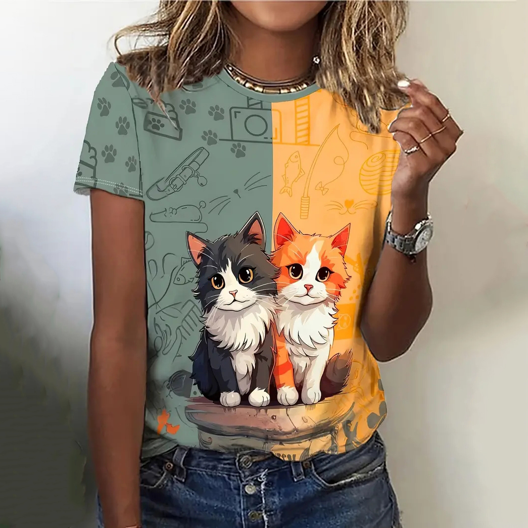 女性の漫画の動物のプリントTシャツ,カジュアルなラウンドネックの半袖シャツ,女性のストリートウェア,だぶだぶのトップス,y2kの服,夏