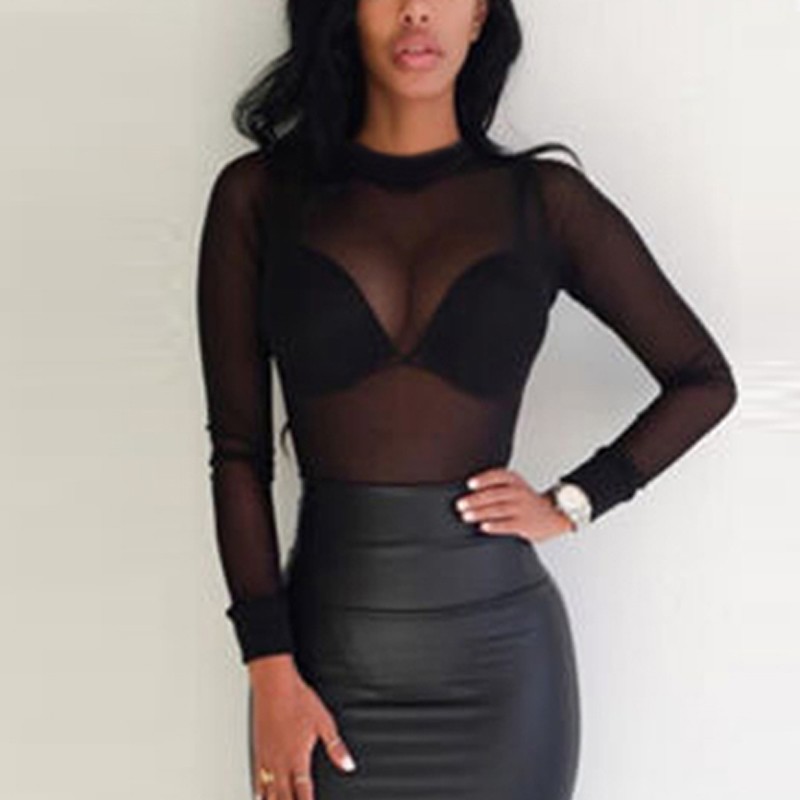 Camiseta Sexy transparente para mujer, Tops de malla transparente, camiseta de manga larga, cuello alto para mujer