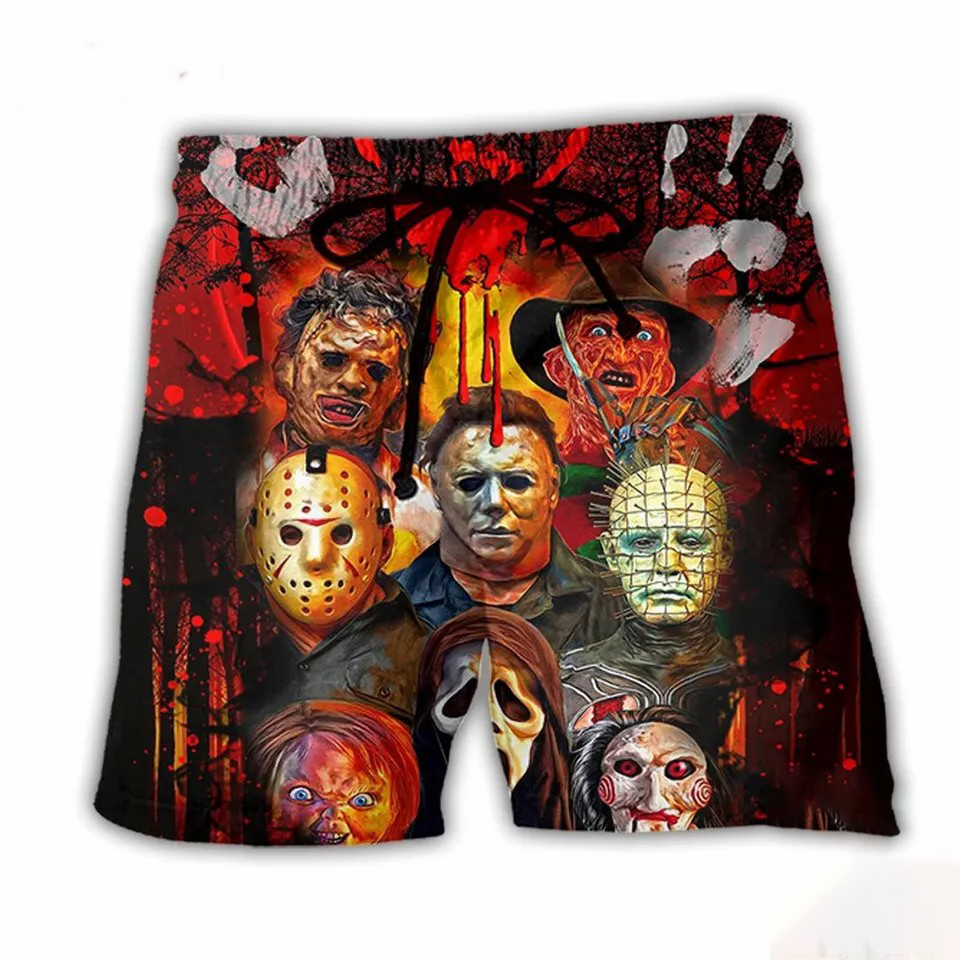 2024 pantalones cortos de verano para hombre, pantalones cortos informales con bolsillo y cordón, película de terror, pantalones cortos transpirables de moda, ropa de calle, pantalones de playa