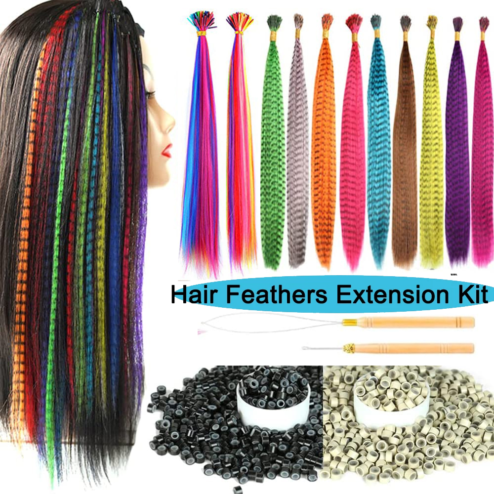 50 Uds plumas de pelo con herramientas de extensión de cabello, Kit de extensiones de plumas de pelo sintético largo y recto con cuentas para mujeres y niñas