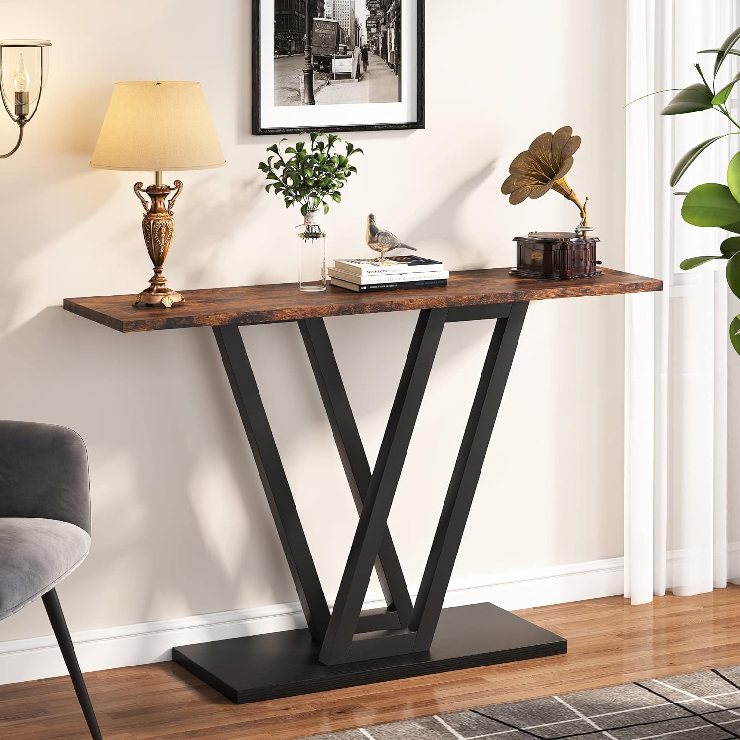Consoletafel, industriële haltafel voor entree, 43 inch entreetafels smalle banktafel voor woonkamer, rustiek bruin