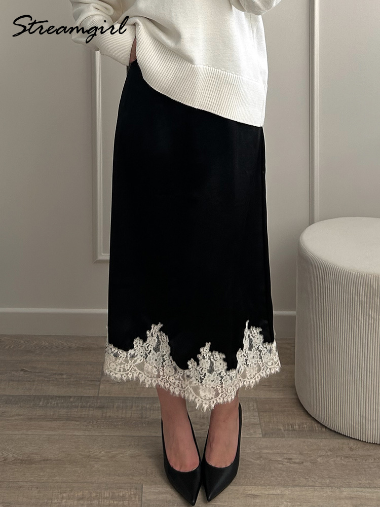 Midi Satin Skirt With Lace Brown Women Summer Office Zipper Skirts A Line Patchwork Satin Silk Skirts Midi Black Luxury Woman