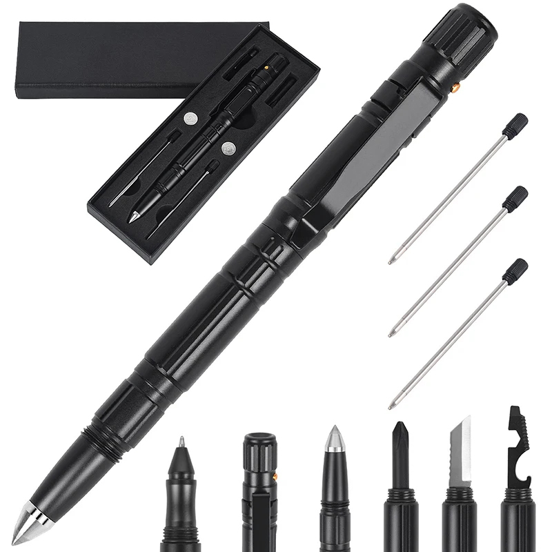 Military Tactical Pen, 6-in-1 Selbst Defense Pen LED Taschenlampe, Notfall Glas Breaker Stift, schreiben Werkzeug mit 3 Refill