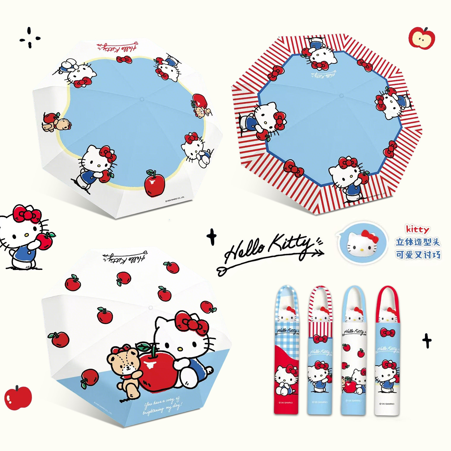 Hello Kitty 3D Faltbarer Regenschirm, Niedlicher Cartoon Tragbarer Schwarzer Vinyl-Regenschirm für Sonne und Regen, Geeignet für Frauen & Studenten