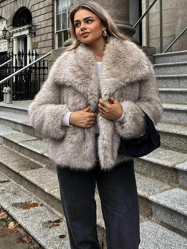 Pelzmantel Umweltfreundliche Frauen Abgeschnitten Faux Pelz Jacke Mantel Langarm Vorne Druckknopf Weibliche Oberbekleidung Chic Revers Kragen mantel