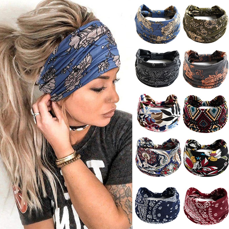 Bando lebar motif bunga Boho baru aksesori rambut bando lebar simpul antik elastis untuk wanita gadis katun lembut