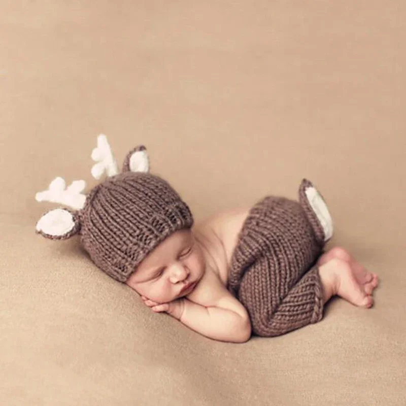 Accesorios de fotografía recién nacido, disfraces de ciervo, sombrero tejido infantil, pantalones, accesorios para fotos de bebé, traje para sesión de fotos de bebé, traje para bebé