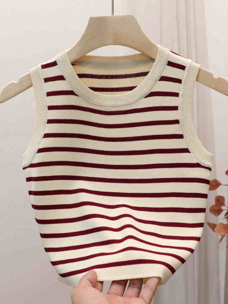 2026 Frühling Sommer Neu Ärmelloses Eisseide Strick-Tanktop Gestreiftes O-Neck Damen Camisole Slim Fit Vielseitiges Sexy Crop Top