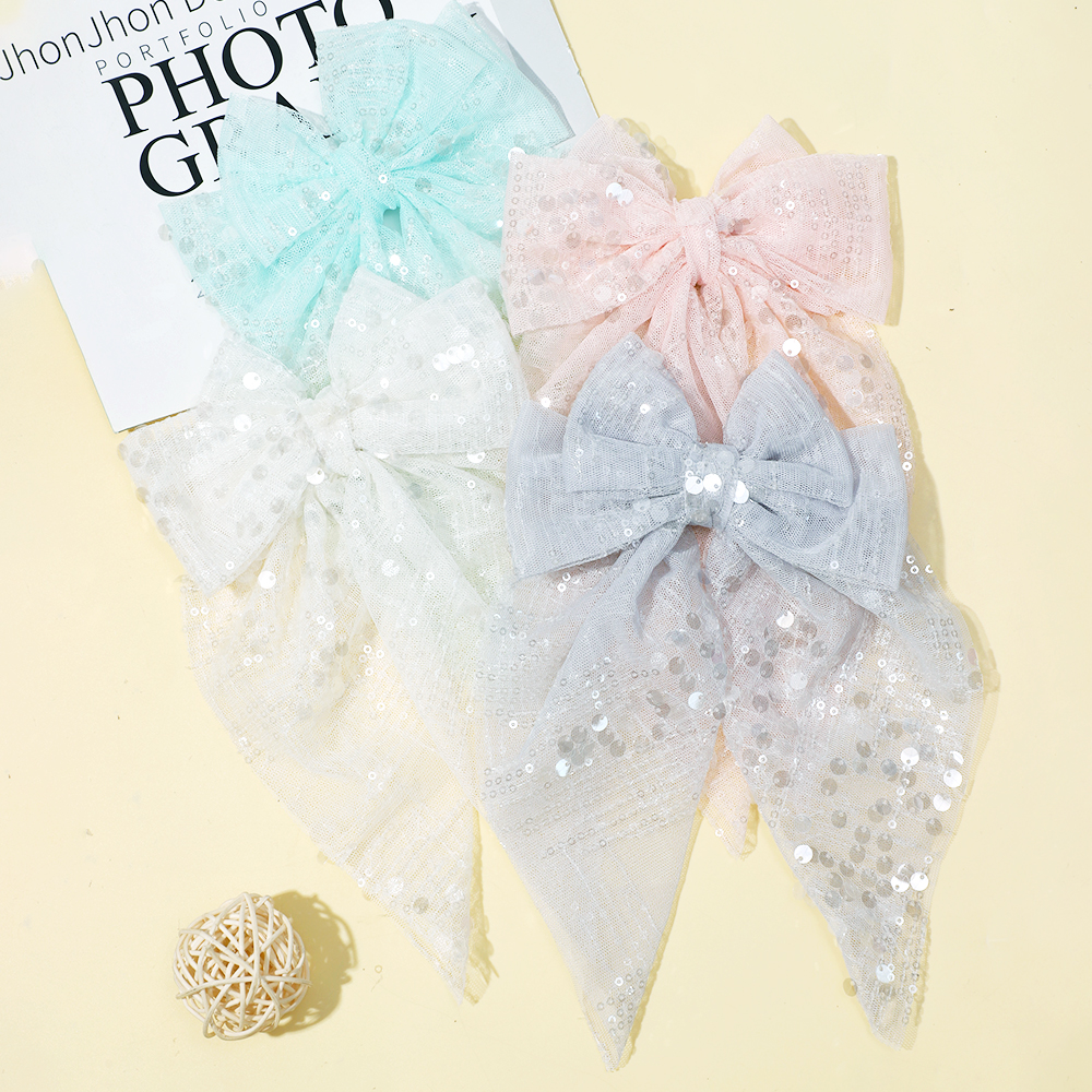 Bulk 27pc/lot Large 5.5" Double Layer Sequin Bow Hair Clips Baby Girls Hair Accessories Kid Long Tails Bowknot Hairpins Barrette