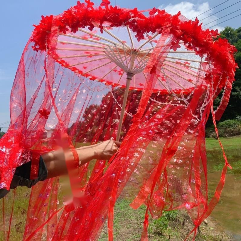 Rot 85cm Blume Strand Schatten Regenschirm Fan Lolita Hanfu Zubehör Super Fee Band Garn Perle Laufsteg Sonnenschirm Paraguas