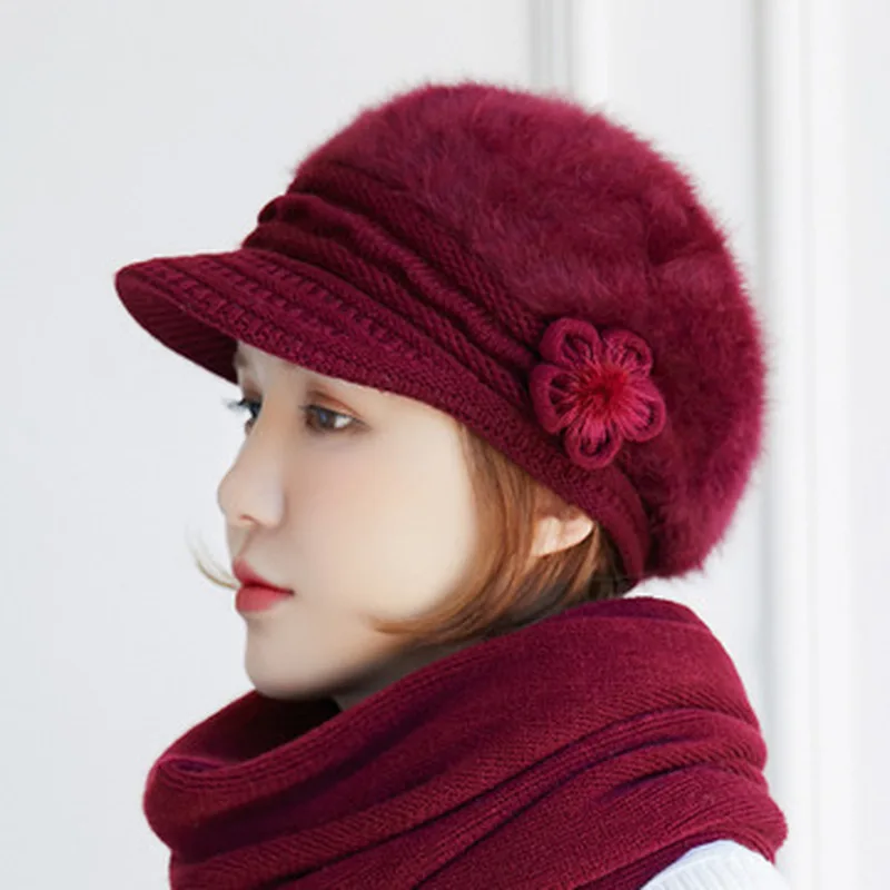 Conjunto de bufanda y gorro de punto para mujer, gorro con solapa adornado floral y bufanda a juego, gorro de invierno de lana cálida para mujer