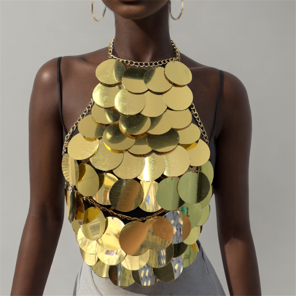 Top Feminino de Alças com Lantejoulas Metálicas, Sem Costas, Sexy, com Decote Halter, Feito à Mão, para Festivais e Eventos