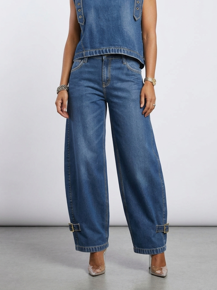 Missuoo 2026 Nowe Amerykańskie Retro Damskie Jeansy Niebieskie z Wysokim Stanem, Szerokie Nogawki, Spodnie Denimowe z Ozdobnymi Klamrami w Stylu Street Style