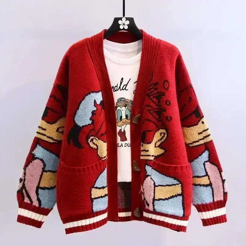 Disney malha cardigan japonês donald dos desenhos animados suéteres para mulheres casaco feminino outono e inverno solto selvagem engrossar kawaii topos