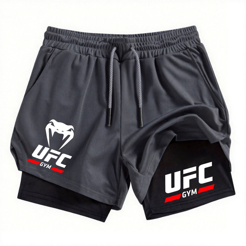 Шорты для бега UFC, мужская спортивная одежда, компрессионные шорты для бега 2 в 1, мужские шорты с двойным воротником, шорты для тренировок в тренажерном зале и фитнесе