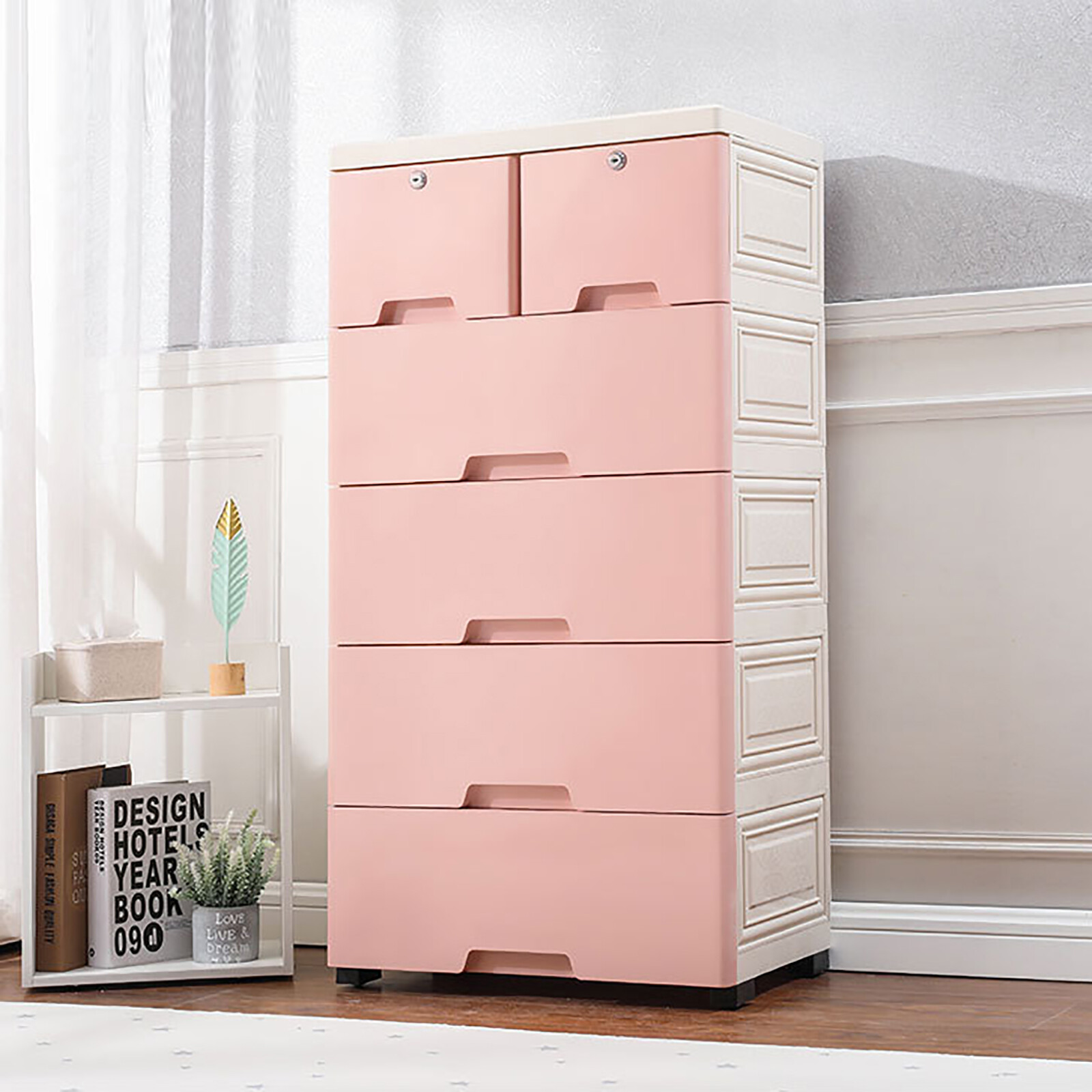 Lemari Penyimpanan Plastik Pink Kontemporer 6 Laci Ukuran 19.7'W X 13.8'D X 40' H, Organizer Pakaian, Kabinet Menara untuk Kamar Tidur, Kamar Mandi, Kantor/Ruang Belajar Rumah, Ruang Tamu