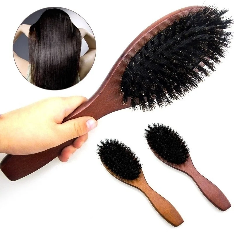 Cepillo para el pelo de cerdas de jabalí Natural, peine de masaje, cepillo de paleta antiestático para el cuero cabelludo, mango de madera de haya