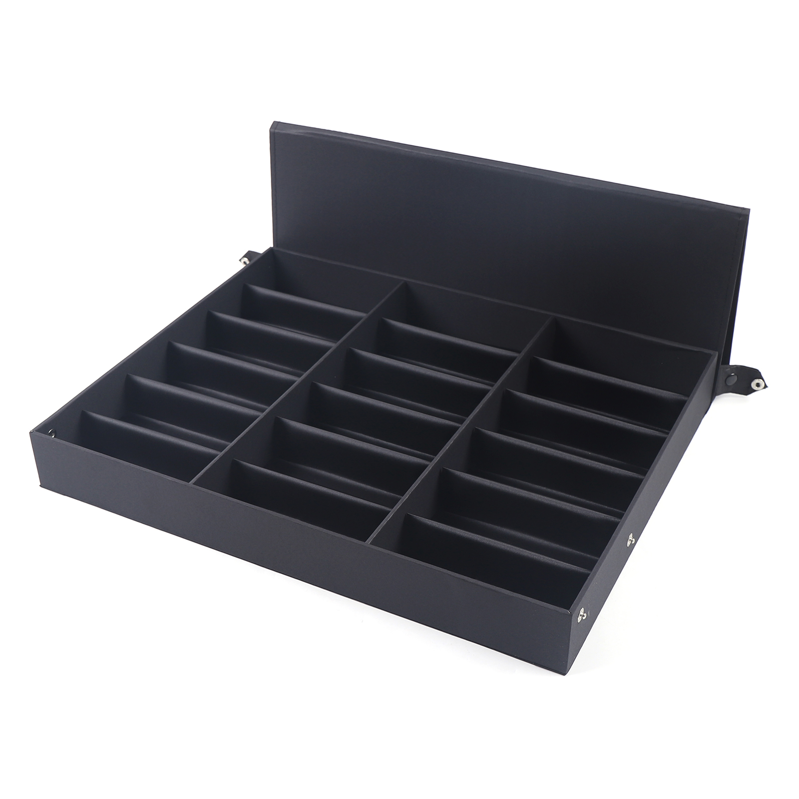 Caja de Almacenamiento para Gafas de Sol de MDF con 18 Compartimentos, Forro de Seda Suave, Tapa Abatible, Botones de Bloqueo Laterales Dobles, Organizador de Gafas y Relojes a Prueba de Polvo