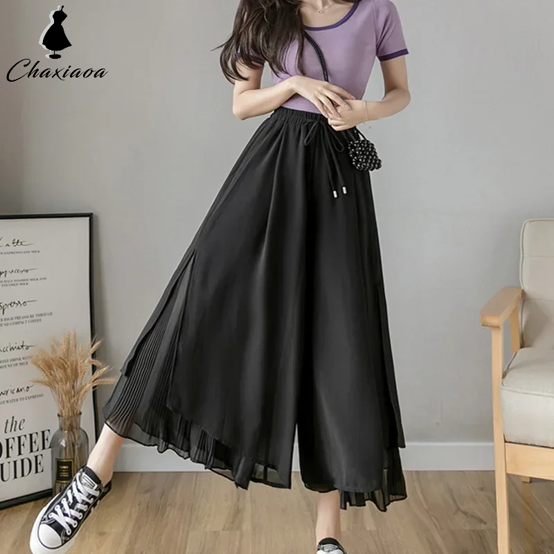Calça elástica de perna larga feminina, culottes irregulares de bainha, camada dupla, calça coreana casual solta plissada de verão
