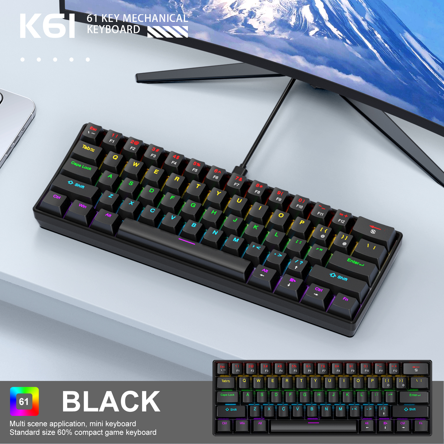 61 toetsen RGB mechanisch toetsenbord Bedraad K61 minitoetsenbord 60% draagbaar Zwart, wit, rood/blauw schakelaar voor gaming\werk