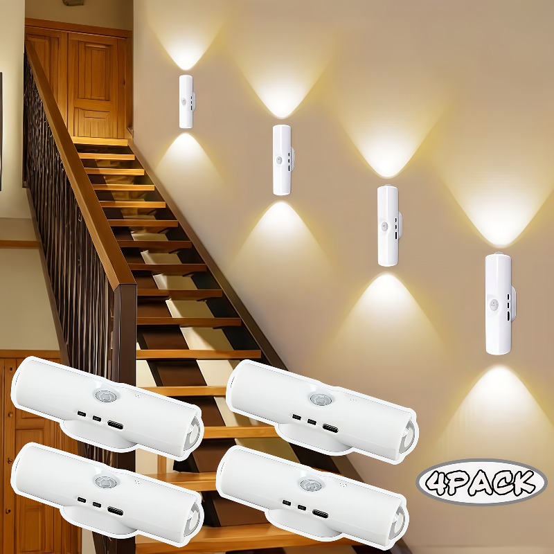 4/2Pack LED détecteur de mouvement lumière applique murale double tête veilleuse étape magnétique lumières pour entrée chevet bureau placard escaliers