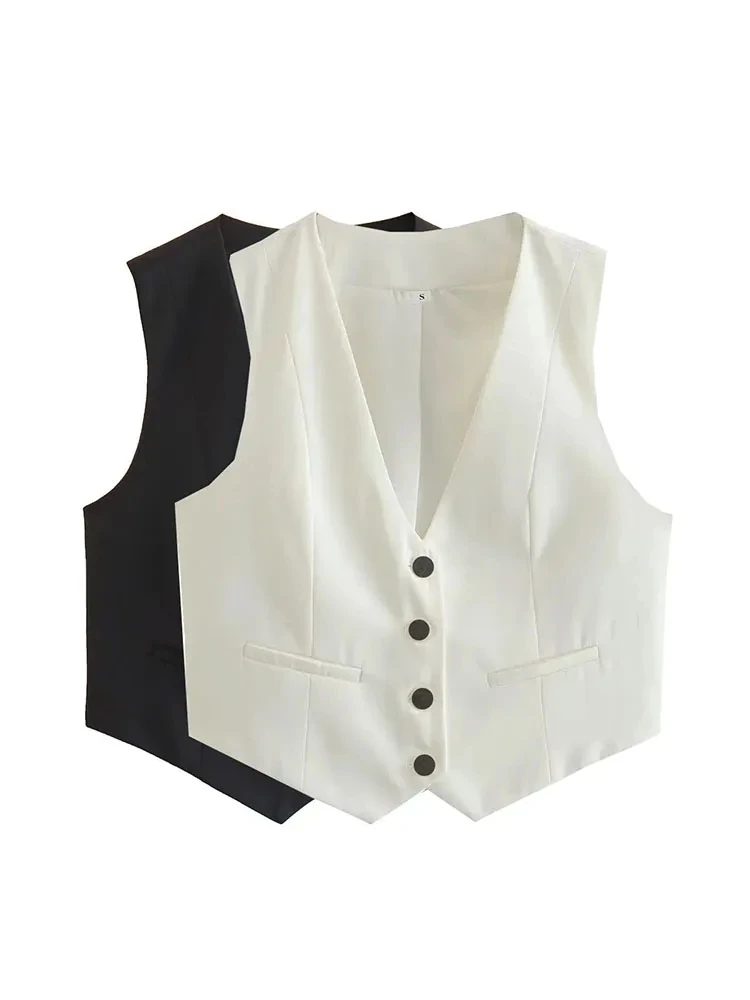Gilet court en émail pour femme, veste chic, col en V, combishort vintage, boutons à la mode, blanc et noir