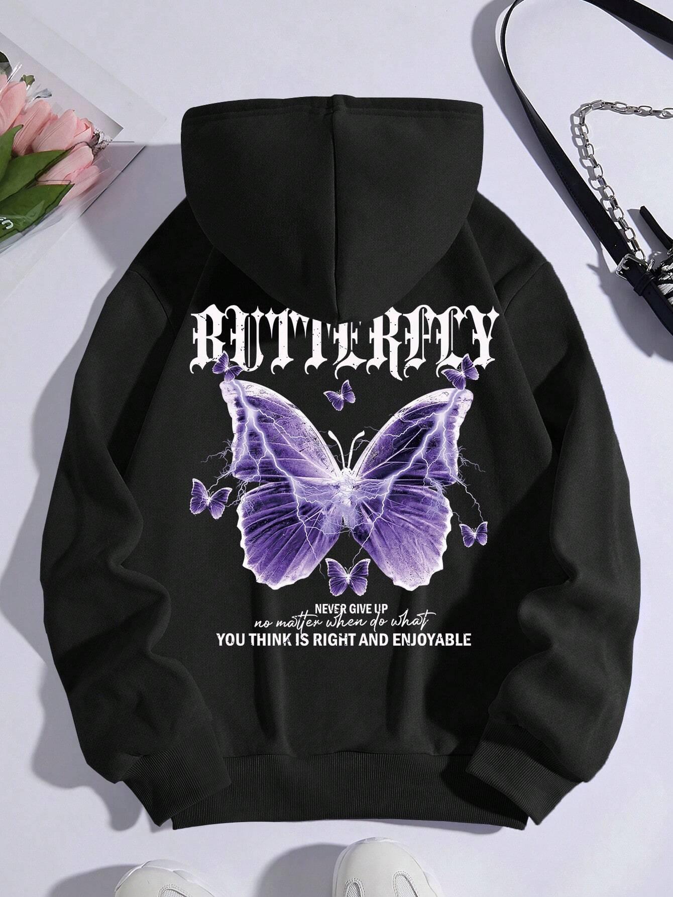 Mooie paarse vlinder afdrukken hoodies dames fleece zak hoody eenvoudige casual hoodie herfst losse vrouwelijke streetwear