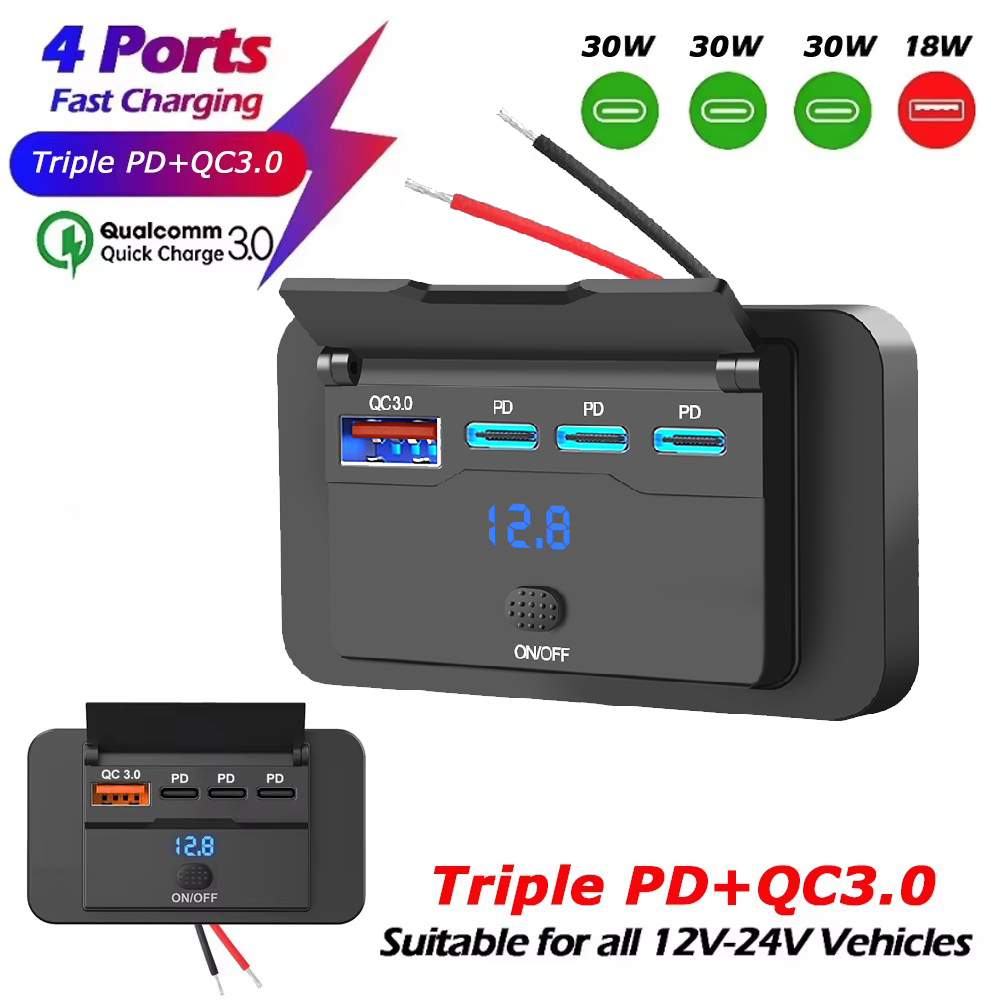 108W 4 poorten 12V RV USB-uitgang 90W PD en QC 3.0 18W poort autolader socket accessoires met schakelaarspanning voor autobus RV