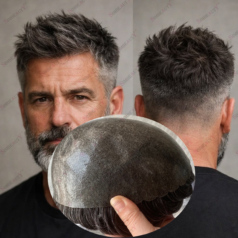 Sistem Penggantian Rambut Pria dari Rambut Manusia Abu-abu, Gelombang 30mm, Garis Rambut Alami, Murah, Basis Kulit Injeksi 0.1mm, Toupee Cokelat, Prostesis