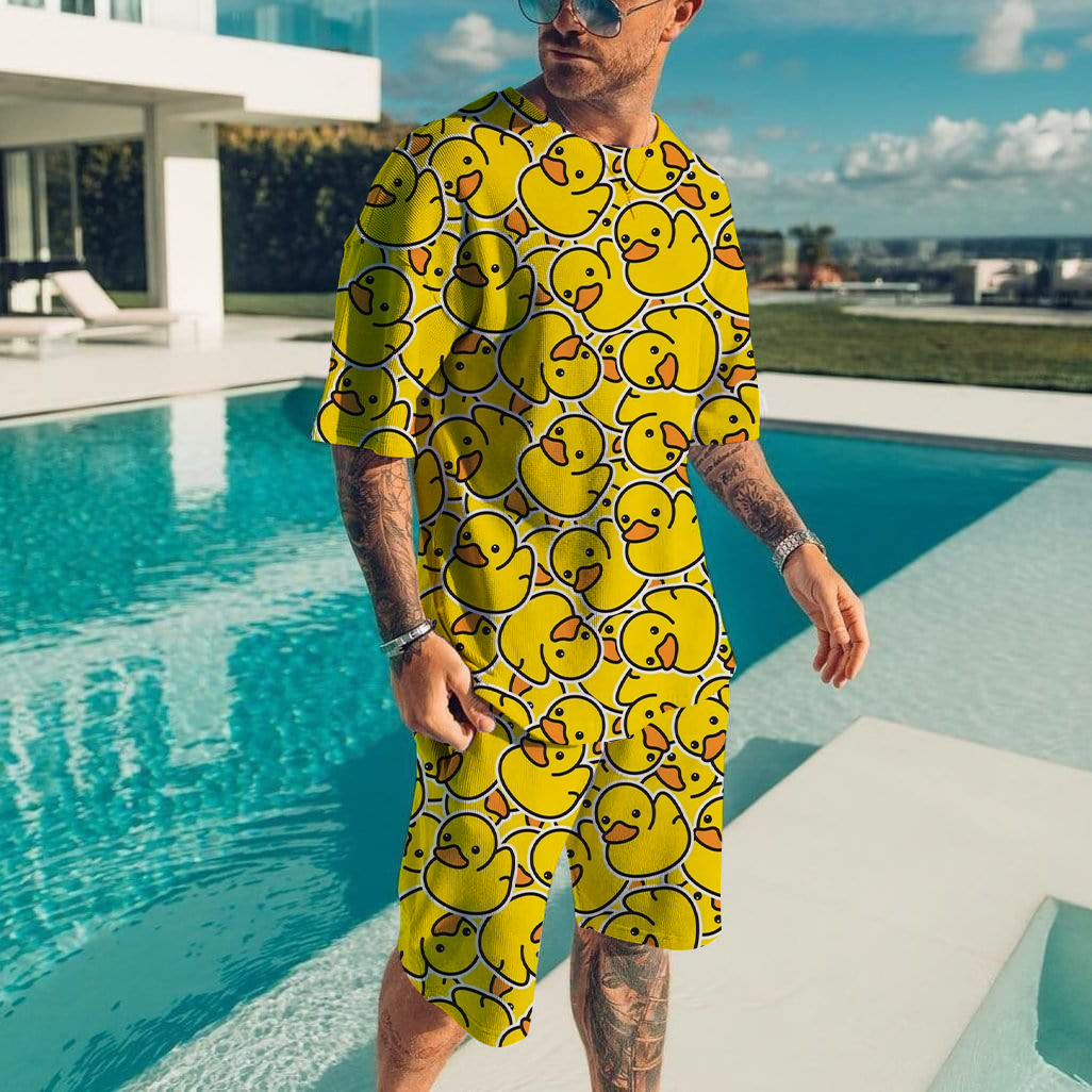 Conjunto de camiseta y pantalones cortos con estampado 3D de pato bonito para hombre, conjunto de camiseta y pantalones holgados de manga corta a la moda informal para hombre, ligero y