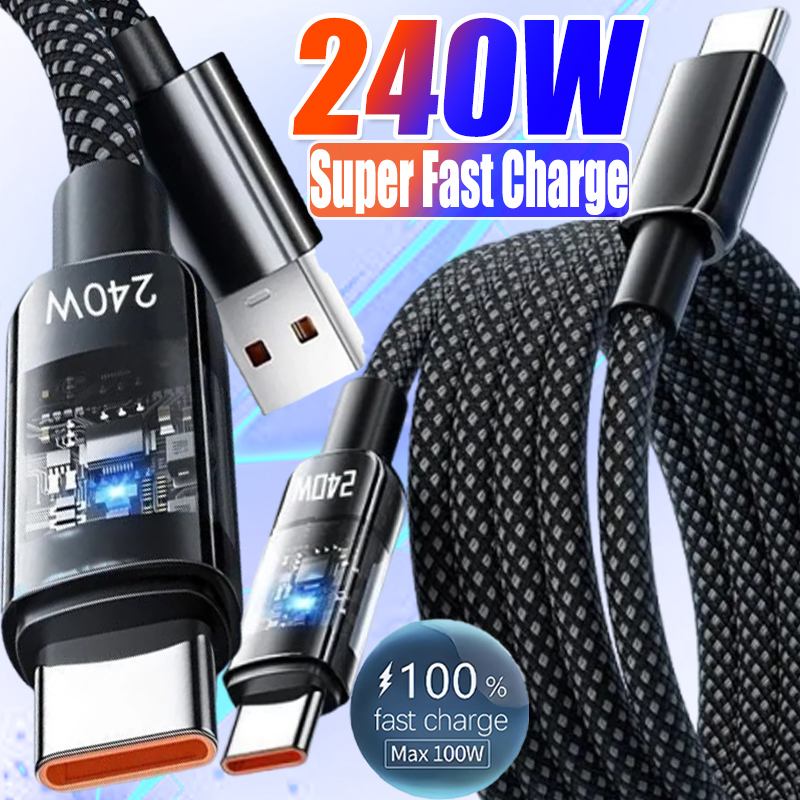 Kabel USB Type-C 240W z nylonowym oplotem do super szybkiego ładowania Samsung Xiaomi Huawei Honor, z cyfrowym wyświetlaczem LED, kabel do ładowania i transmisji danych USB C