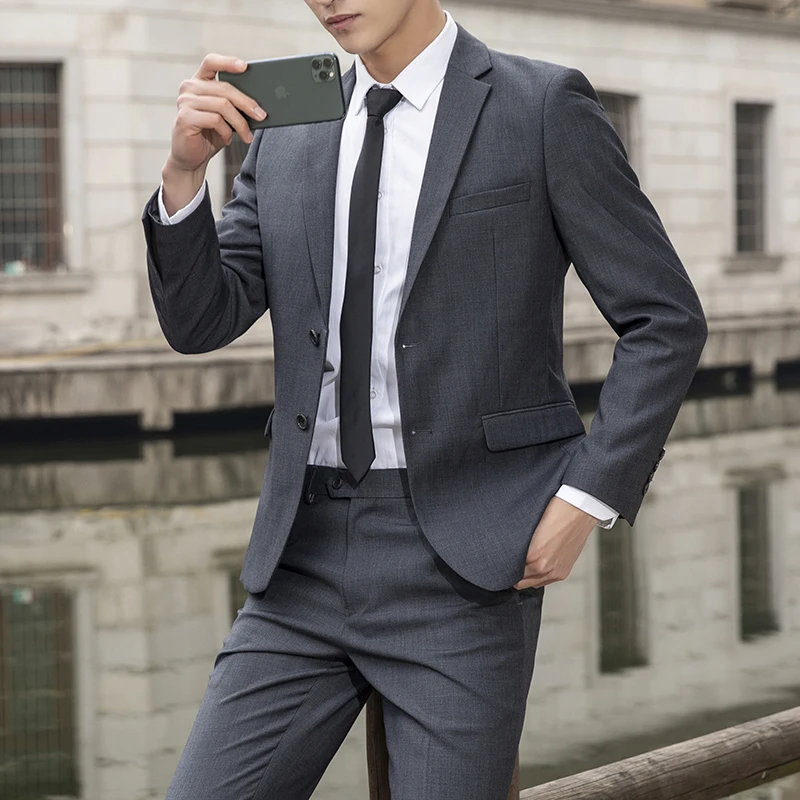 2026 traje (Blazer + pantalones) vestido profesional de moda de negocios para hombres tendencia de Color sólido Casual traje de novio delgado para caballero M-6XL