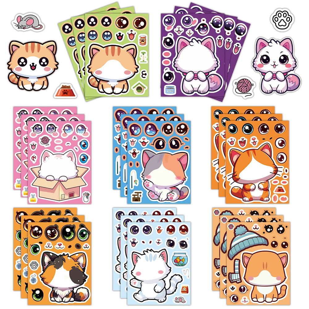 8/16 vellen Kawaii Cartoon Kat Puzzel Stickers Leuk Katje Maken een Gezicht DIY Monteren Jigsaw Decals Kids verjaardagsfeestje Decoratie