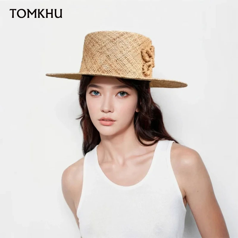 Sombrero de Paja Clásico de Ala Ancha de Hierba Natural para Mujer, Sombrero de Verano para el Sol, Estilo Francés, Parte Superior Plana, Cosido a Mano