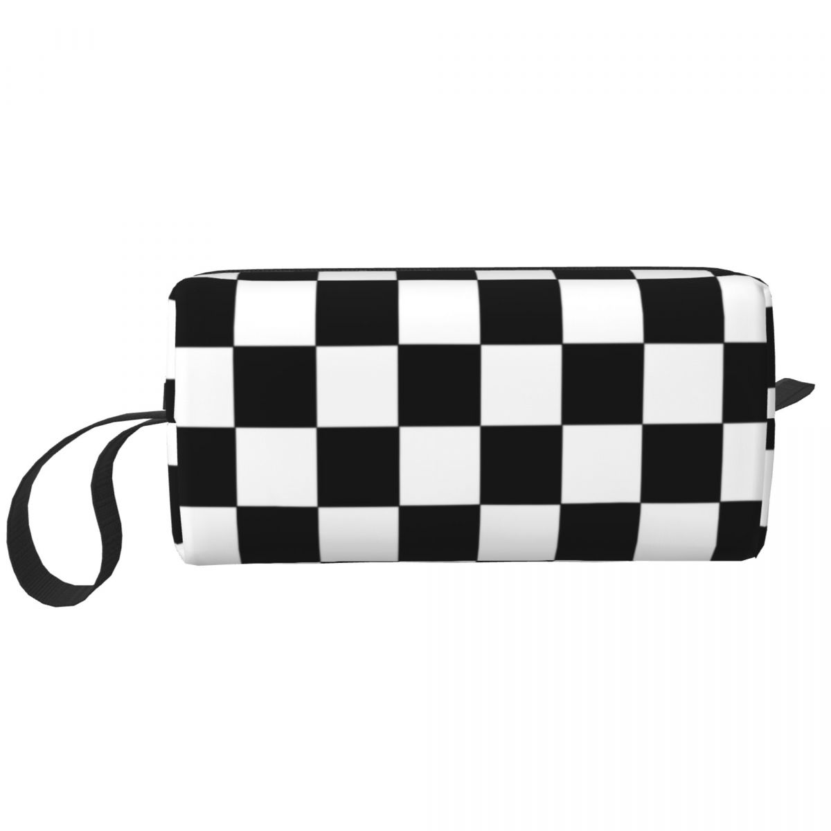 Tas kosmetik hitam dan putih kotak-kotak wanita, Kit Dopp penyimpanan kecantikan, Organizer perlengkapan mandi, kotak-kotak geometris, hitam dan putih