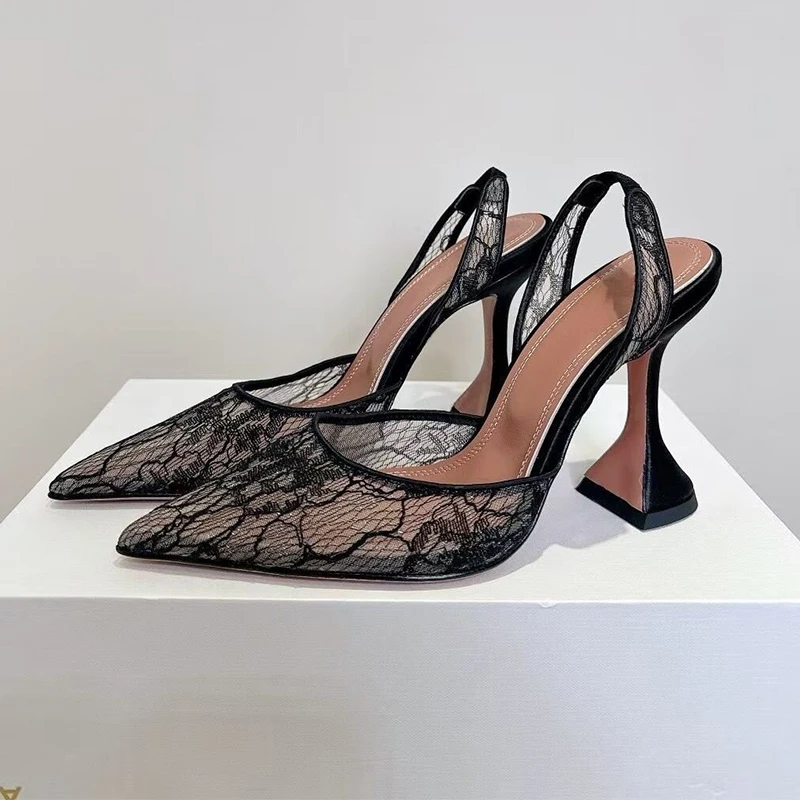 Runway Cup High Heel Pumps Women Pointed Toe Mesh Gauze Back Strap Slingback Sandals Ladies Sexy Party Banquet Dress Shoes